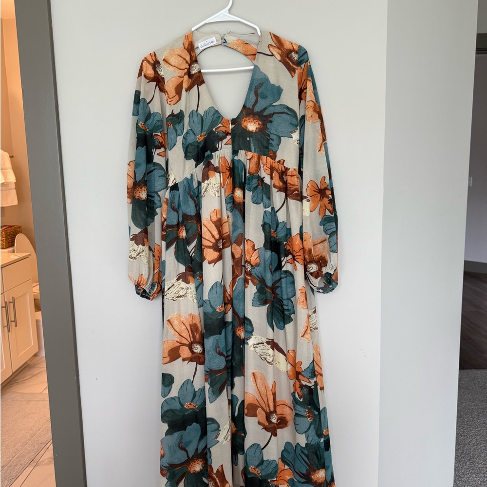 Vestique Long Sleeve Dress with Floral Print - Orange and Teal